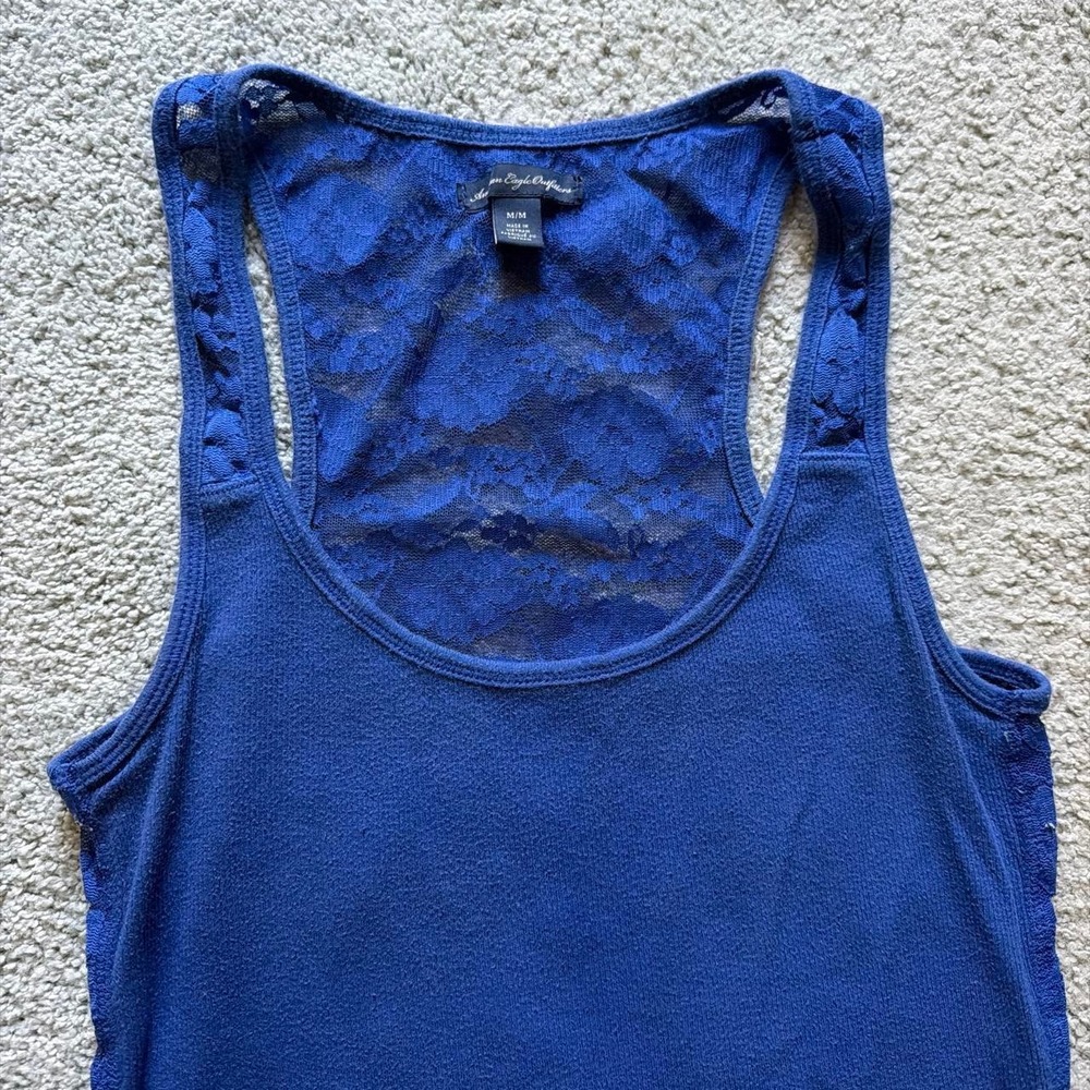 American Eagle Blue Tank with Floral Lace Back, Size M